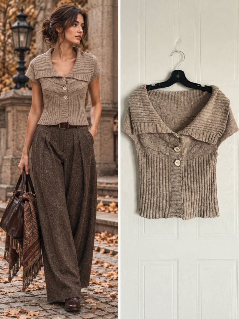 Made in Italy Taupe Mohair Blend Cable Knit Fitted Sweater Top Victorian S